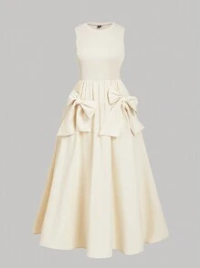 SHEIN MOD Đầm dài cổ điển màu mơ cỡ lớn có thiết kế nơ lớn dễ thương, Đầm thanh lịch - Màu be - Xem 1