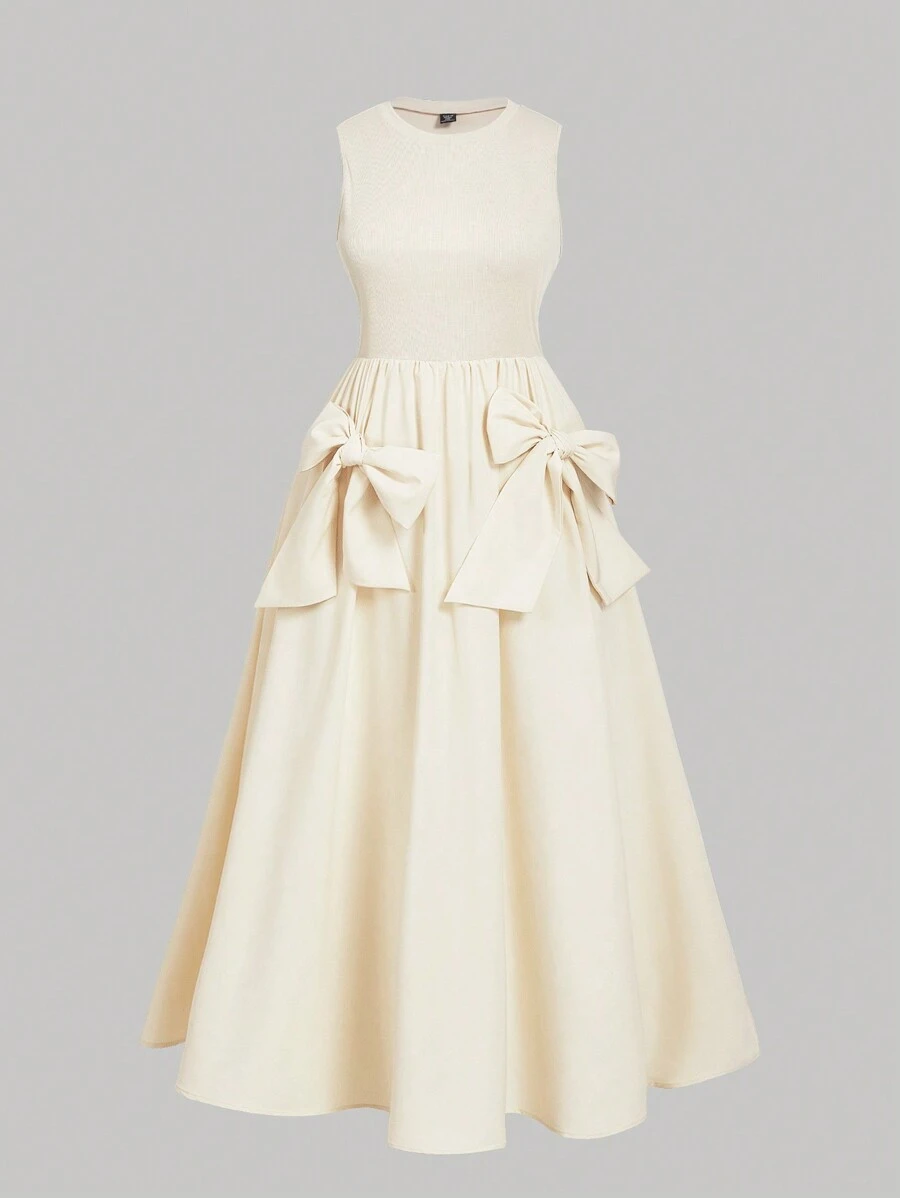 SHEIN MOD Đầm dài cổ điển màu mơ cỡ lớn có thiết kế nơ lớn dễ thương, Đầm thanh lịch - Màu be - Xem 1