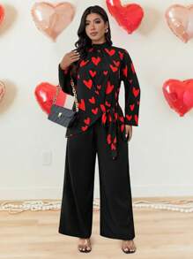 Calvaya Plus Size Valentine's Day Heart Shaped 2pcs Casual Outfit Set - Multicolor - View 6