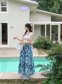 DAZY 女士中长款全印花A字裙，韩版秋季半身裙波西米亚风度假装扮 - 藍色 - 查看 5