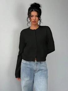 SHEIN BASICS Women Casual Solid Color Crew Neck Long Sleeve Loose Cropped Black Cardigan,Tops For School