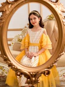 SHEIN Tween Girls Drop Shoulder Princess Net Tulle Dress - Multicolor - View 4