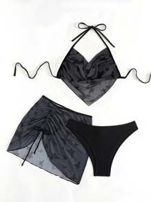 Conjunto de Bikini de 3 piezas con estampado de mariposa gris para mujer, que incluye sujetador triangular, calzoncillos de natación y falda de natación. Conjunto de traje de baño, atuendo de playa