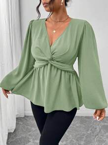 Firerie Plus Size Casual Twist Front A-Line Long Sleeve Shirt, Green - Mint Green - View 6