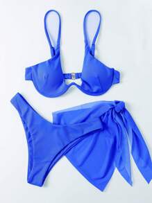 SHEIN Swim Summer 3pcs/Set Bikini With Underwire Bra, Panty And Cover-Up - Blue - View 5