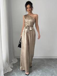 Elenzga Strapless Ruched Tie-Knot Metallic Feel Jumpsuit - Gold - View 7