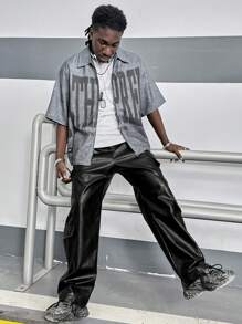 Manfinity RebelGame Men's PU Leather Wide-Leg Straight Pants, Casual And Fashionable For Daily Wear - Black - View 4