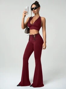 SHEIN ICON Y2k 假日性感挂脖交叉露背短款上衣和低腰抽绳裤两件套 - 酒紅色 - 查看 4