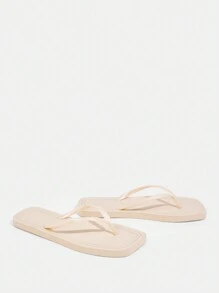 杏色简约舒适方头平底人字凉鞋，休闲户外和家居服装 - 杏色 - 查看 3