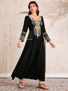 Al Najma Women's Elegant Dress With Sticker Decoration, Long Sleeve - Black - View 3