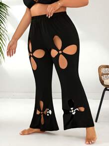 SHEIN Swim Curve 1pc Plus Size Women Hollow Flower Sexy Casual Vacation Beach Cover Up Pants For Summer Beach Vacation - Black - View 3