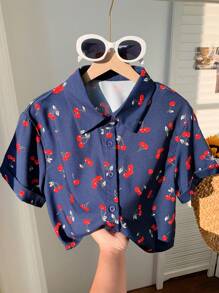 Comfortcana Camisa Solta de Manga Curta Casual com Estampa de Cereja Feminina, Verão Férias - Azul Royal - Visão 4