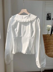 Comfortcana 大码女式优雅刺绣单排扣荷叶边领灯笼袖衬衫，秋冬