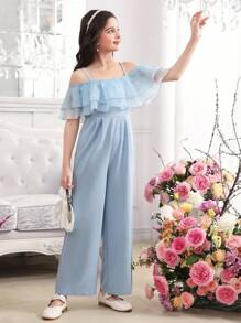 SHEIN Leap Crew Tween Girls' Off Shoulder Organza Ruched Layered Wide Leg Jumpsuit, Blue Jumpsuit, Suitable For Graduation Prom, Birthday Party, Flower Girl, Mommy And Me Matching Outfits - Dusty Blue - View 6