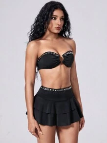 ROMWE Goth Ensemble de bikini bandeau à rivets gothique punk pour femmes, idéal pour les vacances à la plage en été