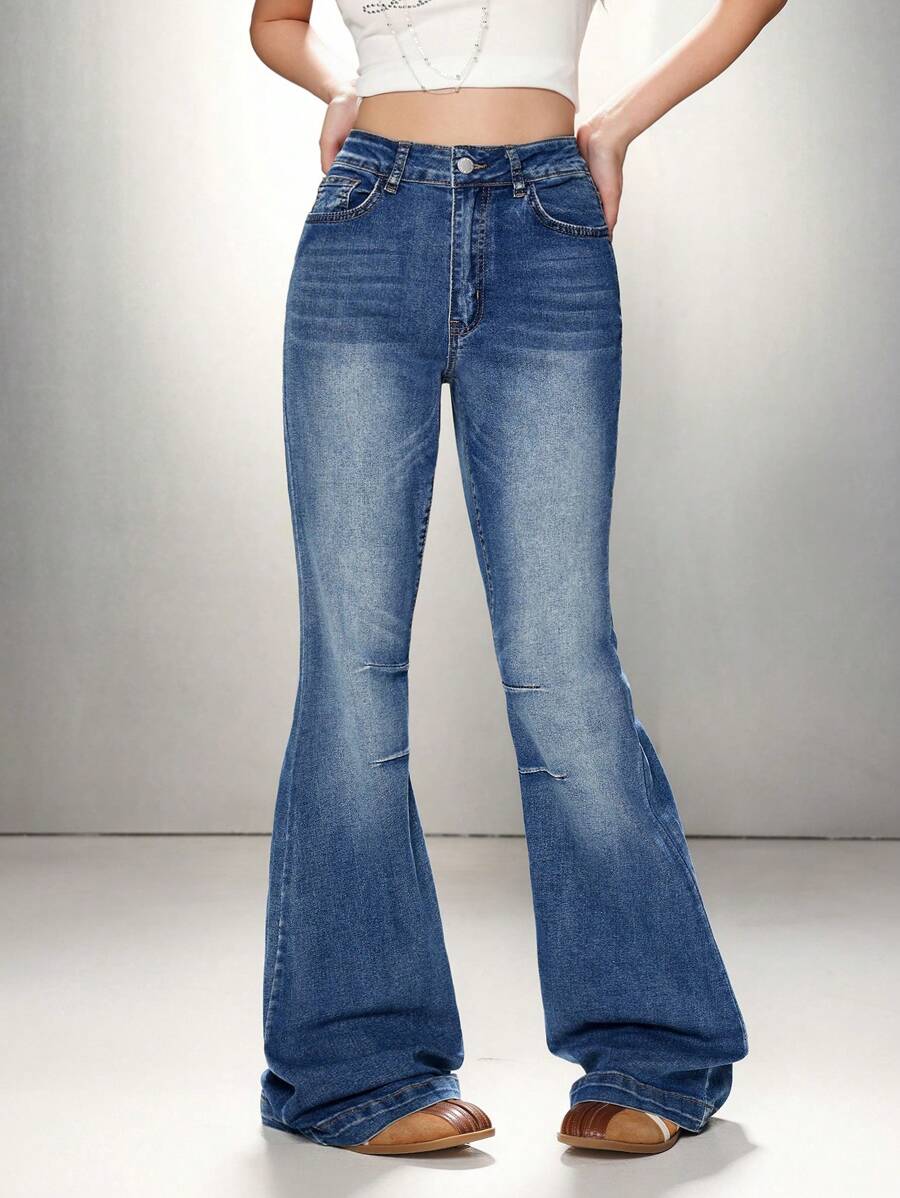 TrendSteals Women's Casual Stretchy Flared Denim Jeans, Blue - Blue - View 1