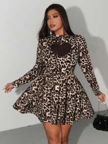Allurite Plus Size Black Hollow Heart Embroidered Mock Neck Long Sleeve Leopard Print Flared Hem Knit Dress, Elements: Valentine, Rose, Heart, Polka Dot, Love, Lip, Cupid, 179D Flower