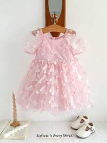 Cozy Pixies Vestido rosa de princesa para bebé niña con cuello redondo, manga abullonada, cintura de malla y bordado 3D de mariposas, adecuado para verano, fiesta, primer cumpleaños, boda, regalo de cumpleaños, vacaciones