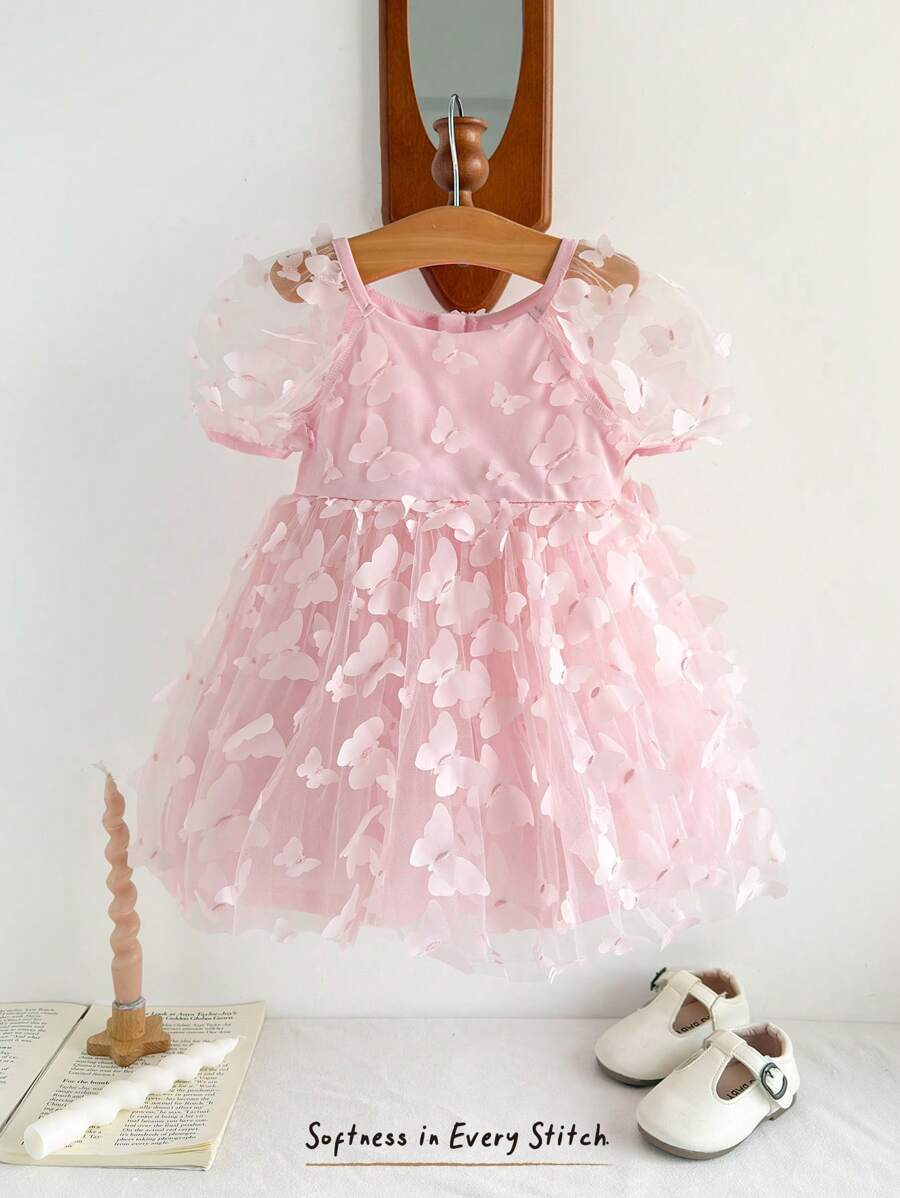 Cozy Pixies Vestido rosa de princesa para bebé niña con cuello redondo, manga abullonada, cintura de malla y bordado 3D de mariposas, adecuado para verano, fiesta, primer cumpleaños, boda, regalo de cumpleaños, vacaciones