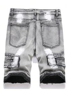 Manfinity Homme Plus Size Men's Ripped Pocket Casual Denim Shorts Tropical Street Hang Out, Emo Style - Grey - View 2