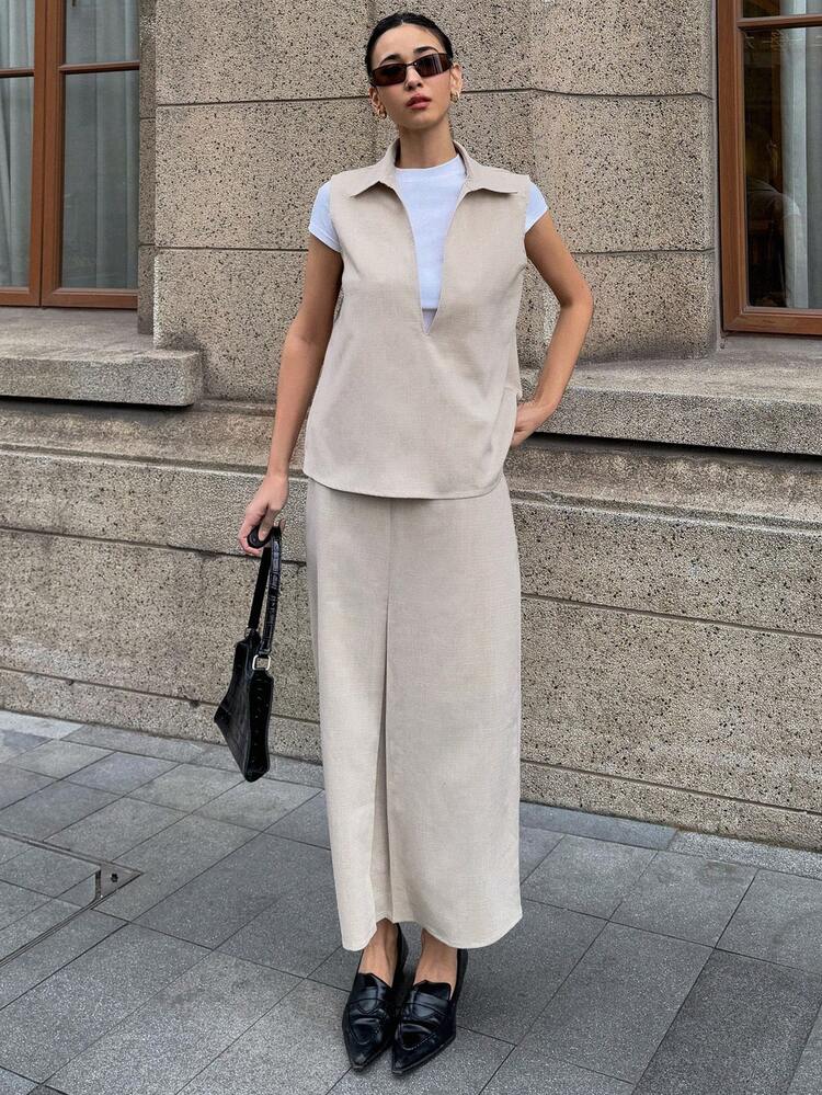 2pcs Spring/Summer Casual Set: Fitted Sleeveless Blouse And Long Skirt For Women,Fall Clothes