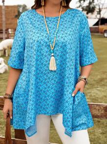 EMERY ROSE Camisa informal suelta de manga corta con cuello redondo, doble bolsillo y bajo asimétrico, con estampado floral azul tipo "ditsy" para mujer de talla grande, vestimenta occidental, atuendo de vacaciones apropiado para el verano