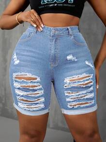 SHEIN SXY Plus Size Elastic Skinny Ripped Denim Shorts - Light Wash - View 1