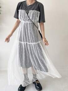 FRIFUL 女式宽松波尔卡圆点图案蕾丝拼布长款T恤连衣裙，荷叶边 - 灰色 - 查看 2