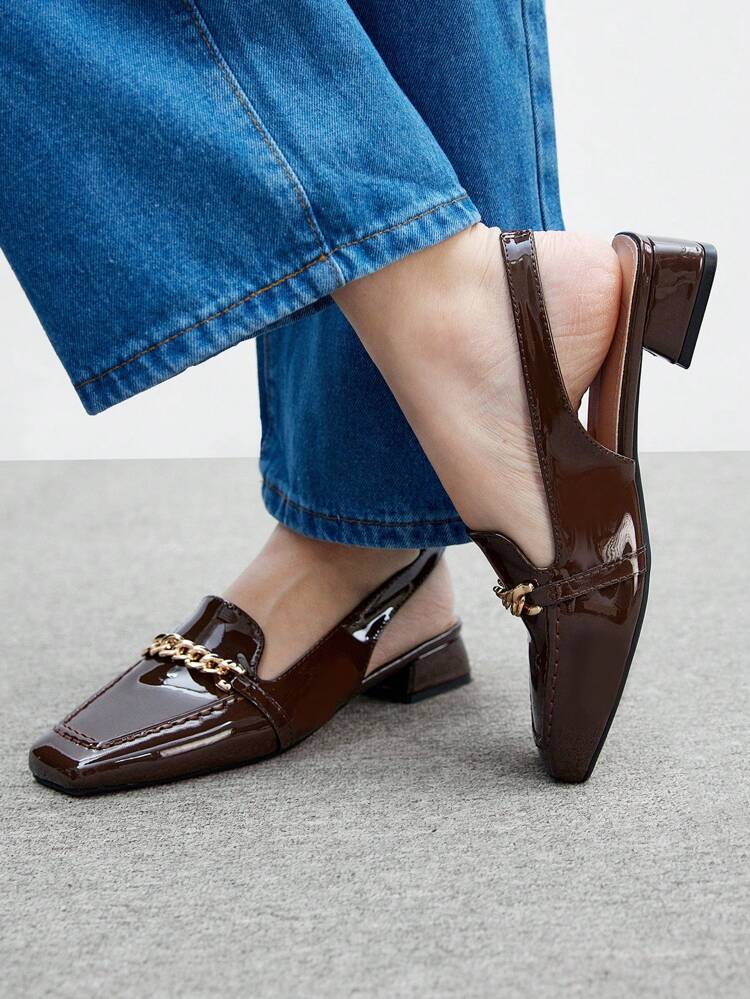 CUCCOO BIZCHIC Coffee Brown Patent Leather Shiny Chain Strap Low Heel Square Toe Flats, Fashion Casual Commuting, Dating, Party, Holiday Shoes For Women Spring Shoes Spring Break Easter For Christmas Spring Shoes