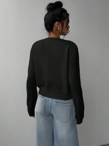 SHEIN BASICS Women Casual Solid Color Crew Neck Long Sleeve Loose Cropped Black Cardigan,Tops For School
