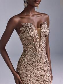 Elitara Váy bodycon đuôi cá đính hạt đàn hồi không dây màu vàng sâm panh sang trọng & thanh lịch, váy dự tiệc cưới, phù hợp cho tiệc cưới, tiệc độc thân, kỳ nghỉ, vũ hội, tiệc trang trọng, váy dạ hội, váy dài - Rượu sâm banh - Xem 3