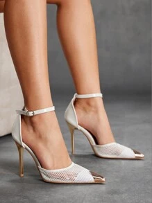 CUCCOO SZL Women's Sexy And Fashionable Pointed Toe Metal Buckle White Breathable Mesh Strap Hollow Out High Heel Pumps Spring Shoes Spring Break Easter Prom Heels - White - View 4