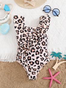 SHEIN Leap Crew Young Girl Leopard Print Ruffled One-Piece Swimsuit