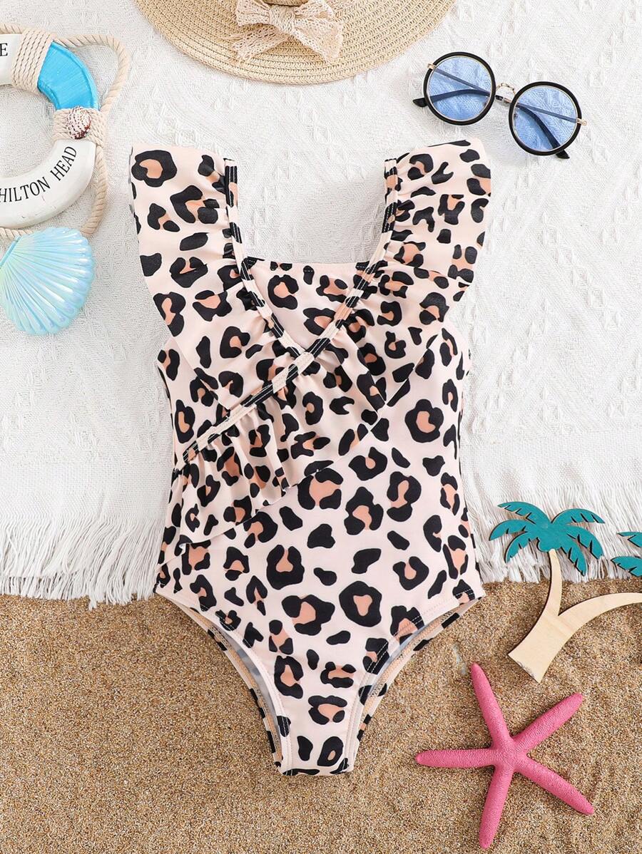 SHEIN Leap Crew Young Girl Leopard Print Ruffled One-Piece Swimsuit