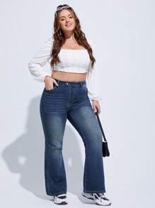 SHEIN CURVE+ Plus Size Women's Elastic Vintage Slim Fit Flare Jeans - Blue - View 3
