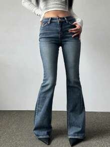 DAZY Women's Casual Distressed Slim Fit Flare Leg Jeans Low Rise Jeans - Medium Wash - View 4