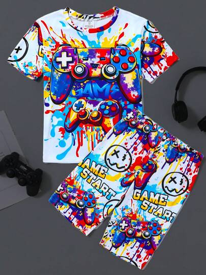 Tween Boy Graffiti Game Controller Graphic Crew Neck Short Sleeve Top And Shorts 2 Pieces Casual Pajama Set
