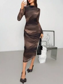 SHEIN Clasi Vestido de mujer de malla plisada con estampado tejido