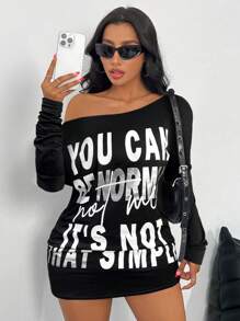 SHEIN SXY Vintage Y2K Midriff-Flashing Letter Print Asymmetric Shoulder Sexy Mini Dress