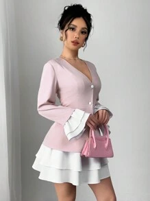 SHEIN Unity 2pcs Set V-Neck Color Block Jacket With Double Frill Trim Waistless Skirt Sleeve Fall Cloth For Women - Pink - View 4