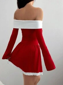 SHEIN EZwear Women's Contrast Color Off Shoulder Long Sleeve Ruched Fashionable Short Dress - Burgundy - View 2