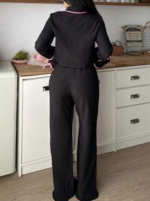 女士撞色滚边单排扣长袖上衣和裤子睡衣套装，舒适优雅细节，秋冬服装 - 黑色 - 查看 2