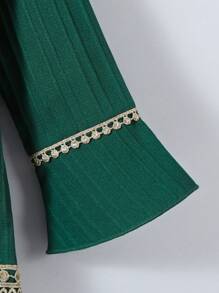 2pcs Young Girl Solid Splice Round Neck Long Sleeve Simple Top And Pants Set - Dark Green - View 4