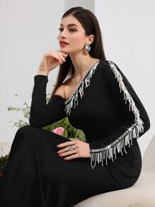 Modelyn 女士优雅串珠流苏装饰不对称领口鱼尾连衣裙 - 黑色 - 查看 11