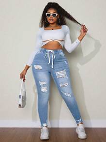 SHEIN SXY 大码弹性腰部百搭牛仔裤 - 淺色水洗藍 - 查看 4