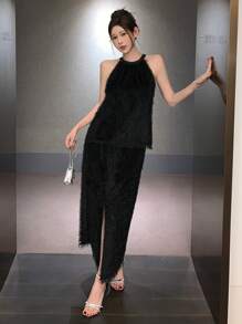 DAZY 女士优雅通勤吊带上衣和 A 字裙 2 件套夏季舞会礼服 - 黑色 - 查看 1