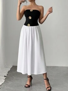 Firerie Valentine's Day Women's Color Block Patchwork 3D Floral Decor Simple Casual Dress - Black and White - View 3