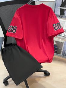 SHEIN Leap Crew 2 Pieces Casual Number & English Letter Printed Red T-Shirt & Black Shorts Set For Teen Boys, Street Punk Rock Academic Daily Outings Parties Music Festivals, Suitable For Spring/Summer, Basketball - Multicolor - View 8