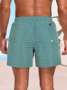 Manfinity Swimmode Shorts de playa con cordón en la cintura y estampado de letras para hombre, hawaianos
