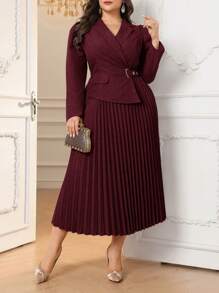 Modelyn 大码女式纯色领口长袖褶边优雅连衣裙长款晚礼服 - 酒紅色 - 查看 5